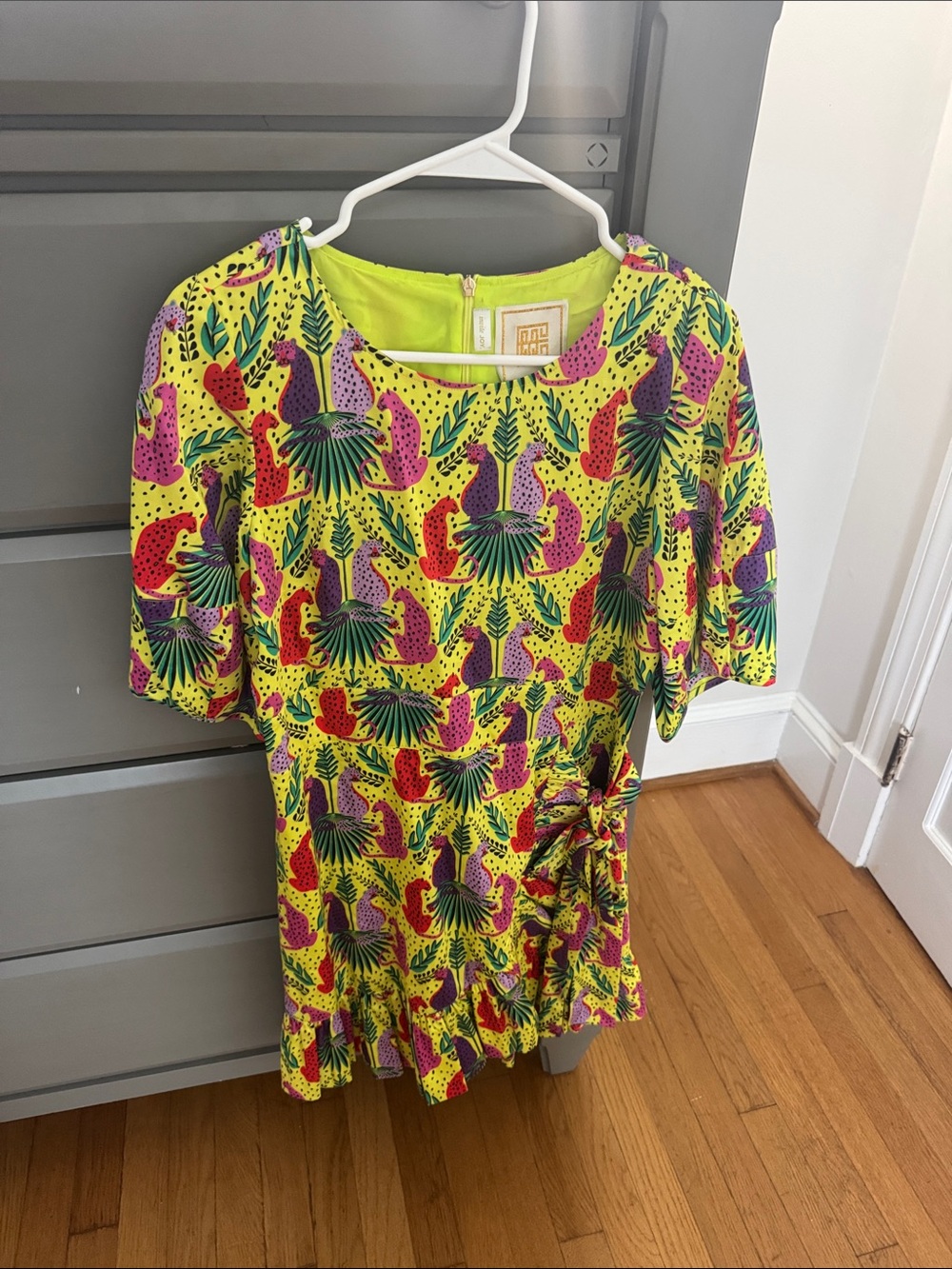 Bright Yellow Tropical Print Mini Dress with Side Tie